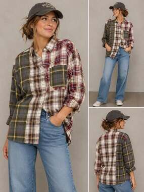 White Birch Women's Multi-Plaid Patchwork Long Sleeve Button-Down Flannel Shirt